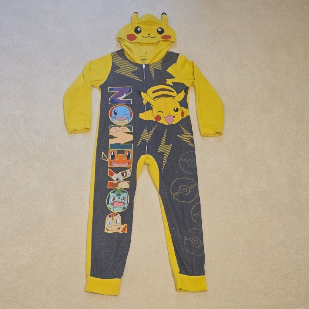 Pikachu Kids One Piece Thermal PJ Bodysuit with Hood - Yellow and Gray